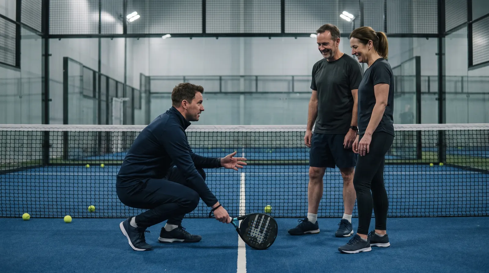 A coach on a blue indoor padel court points at the service line while two club players listen