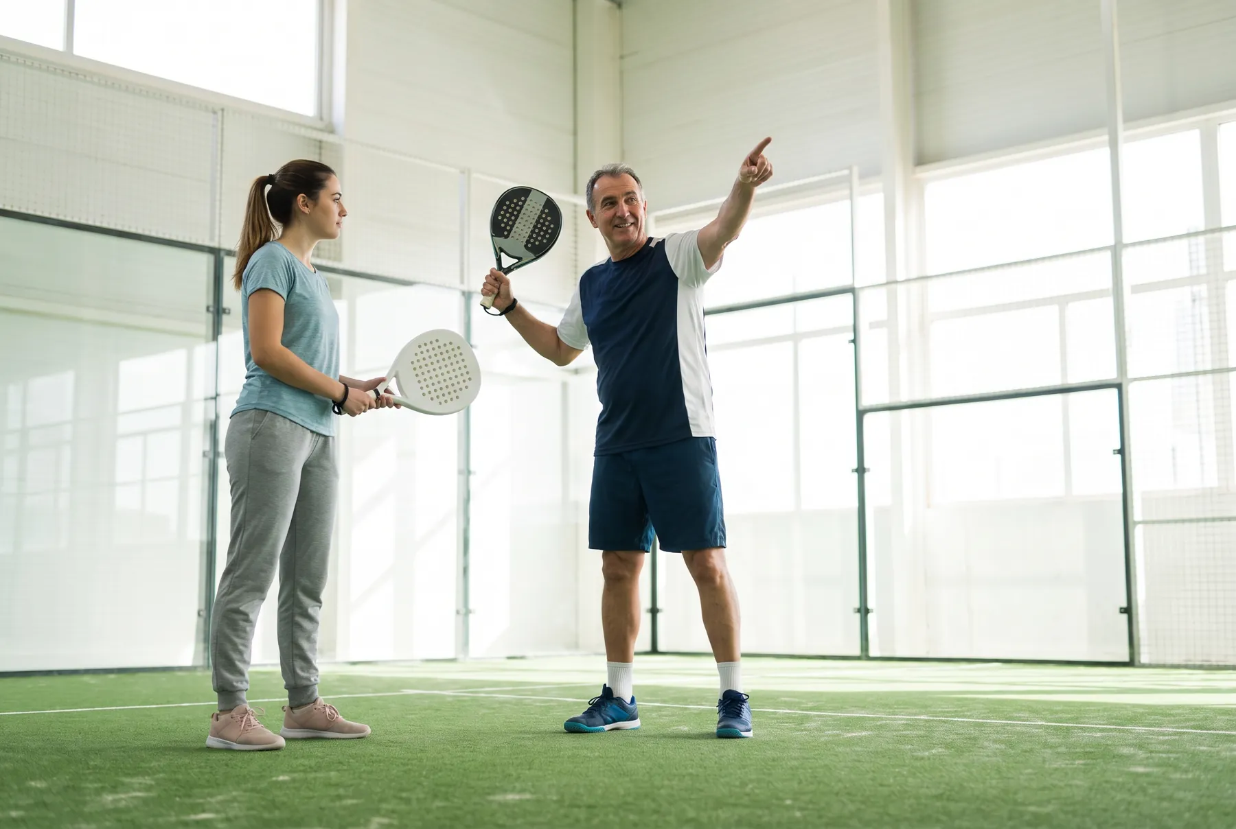 A coach working with a player on an indoor padel court