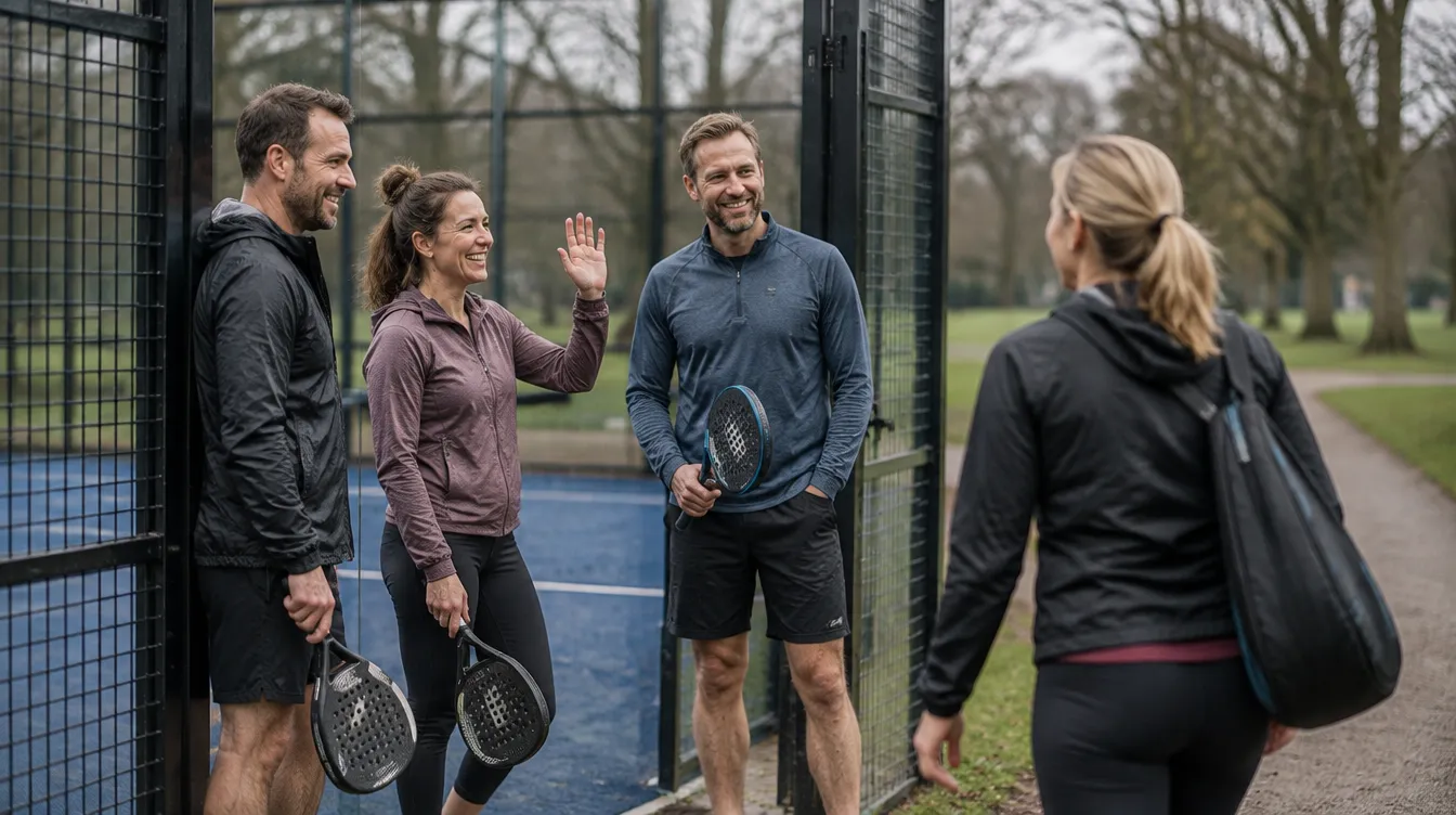 Three players at a court gate waving a fourth player over to join their game