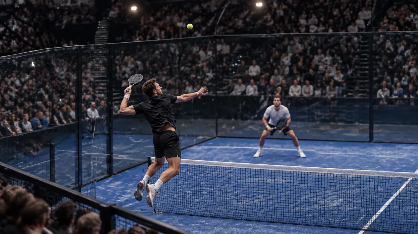 A professional padel match on a glass show court in a packed arena