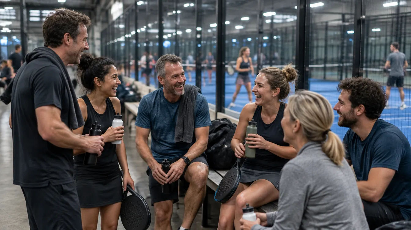 Players chatting courtside at a busy padel social night