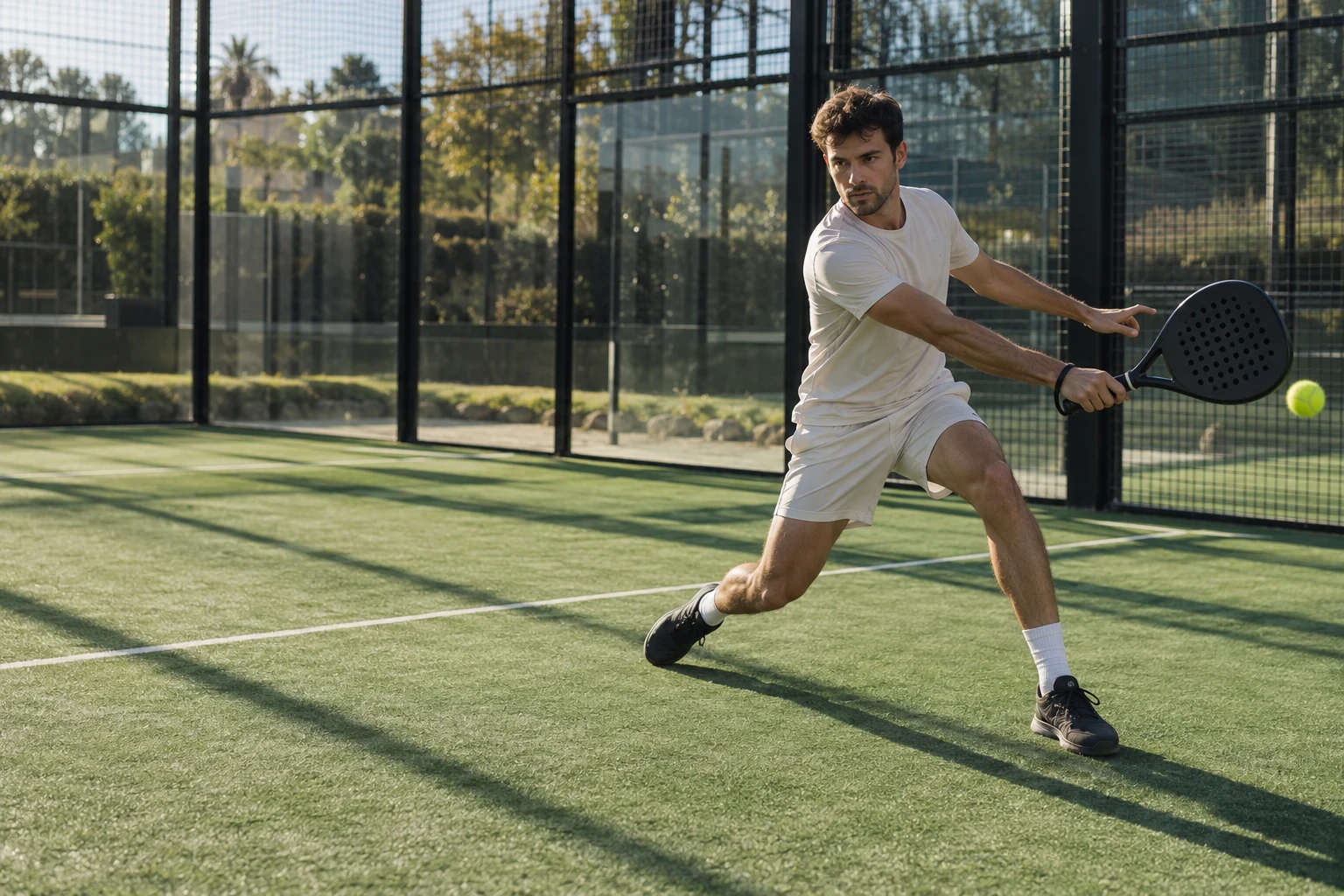 Padel player returning a ball on a sunlit green court
