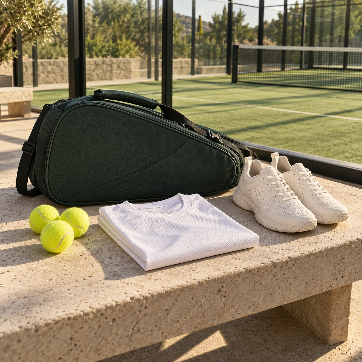 Court bag, footwear, clothing and padel balls