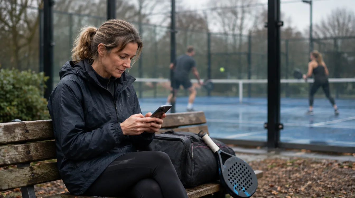 A player on a bench beside an outdoor padel court, sending a message on her phone
