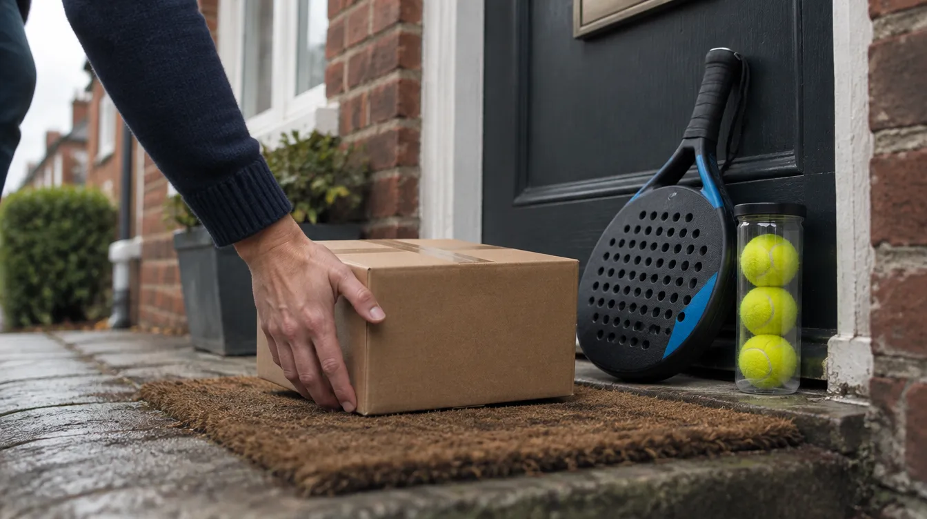 A parcel on a doorstep next to a padel racket and a tube of balls