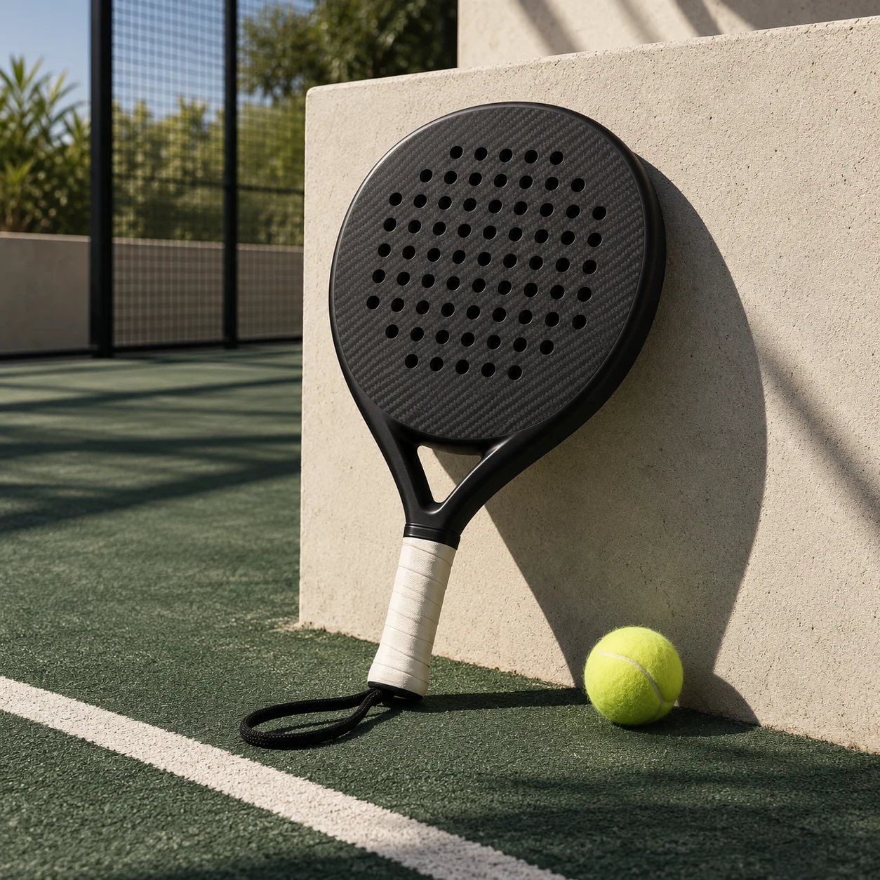 Unbranded padel racket and ball beside a court