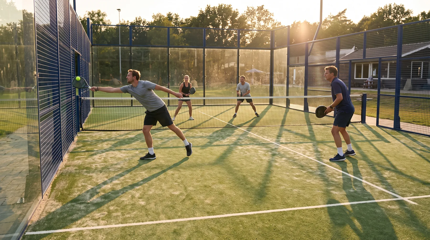 Wide shot of four adult players mid-rally on an outdoor padel court in golden late-afternoon sun, long shadows across green turf, one player stretching for a forehand near the side glass