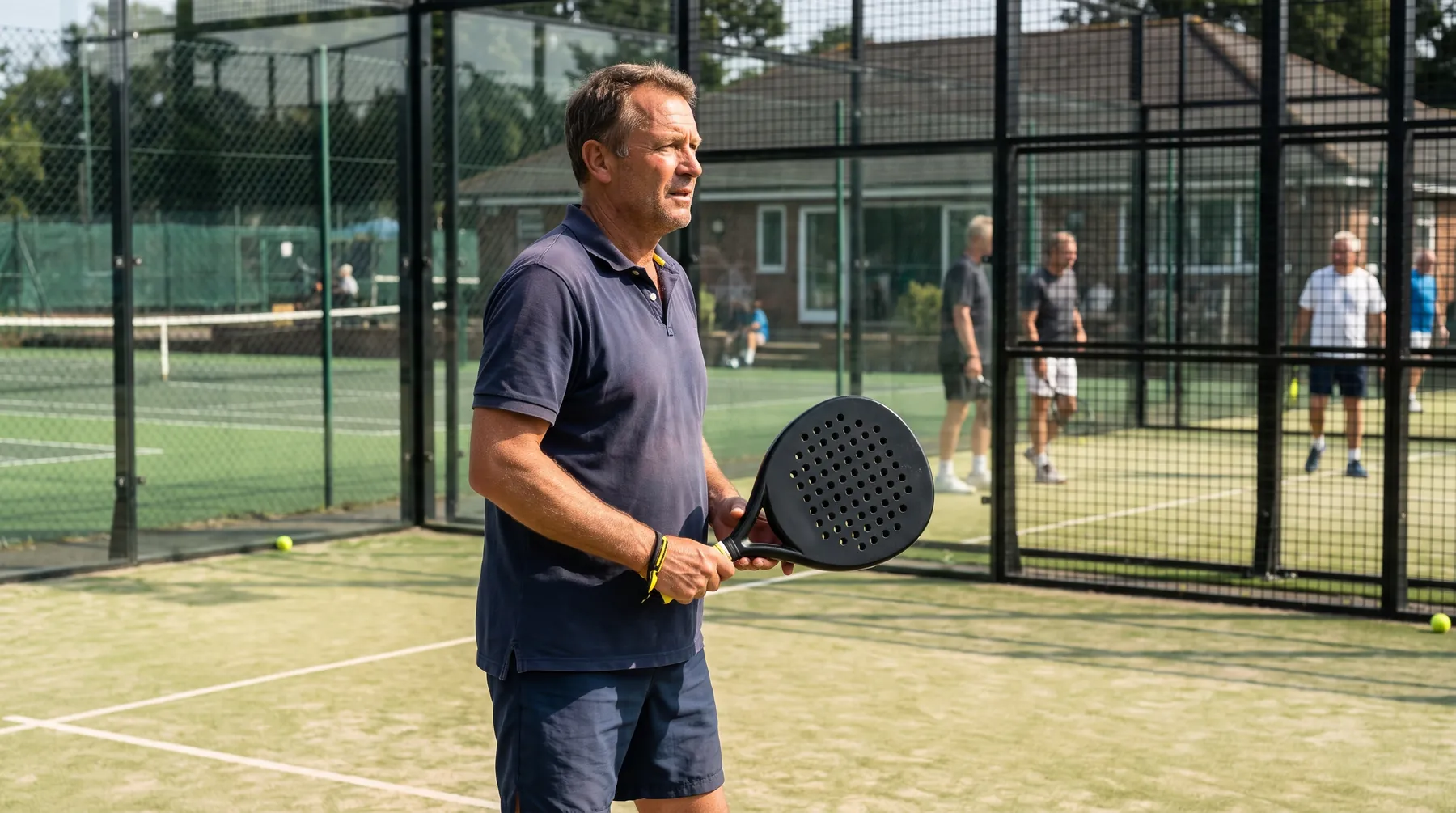 A former tennis player on an outdoor padel court holding a solid padel racket, a tennis court visible through the fence behind, crisp afternoon sun, green turf