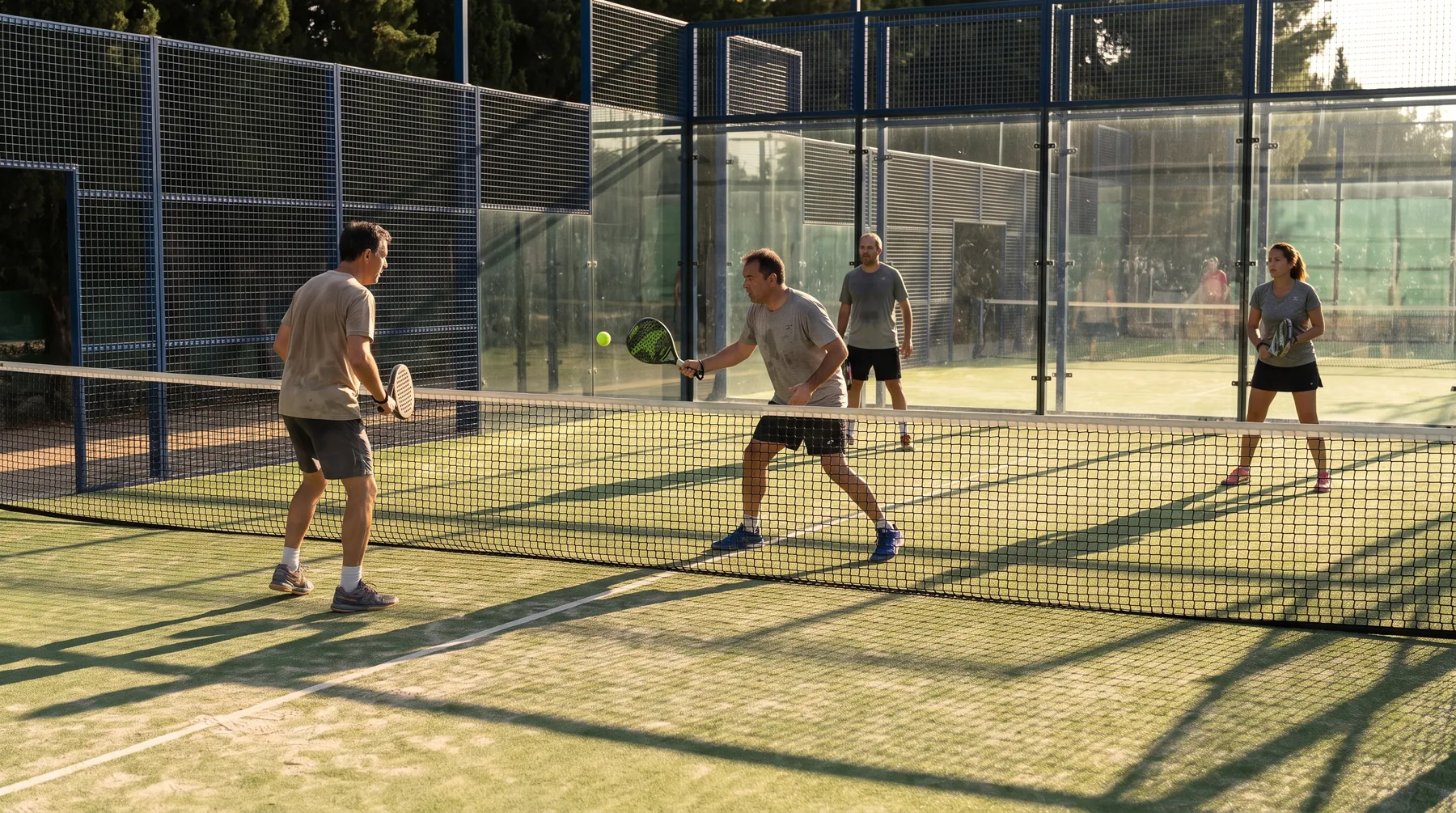Four club players on an outdoor padel court in late-afternoon sun, two volleying at the net