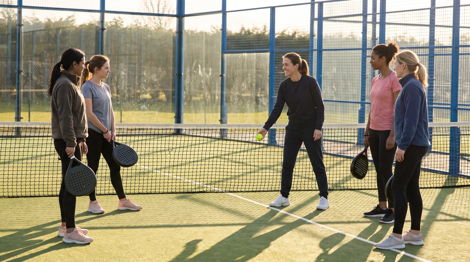 A women's beginner padel session with a coach feeding balls at the net