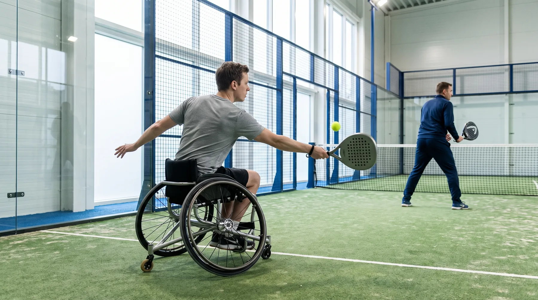 A wheelchair padel player hitting a forehand near the side glass on an indoor court