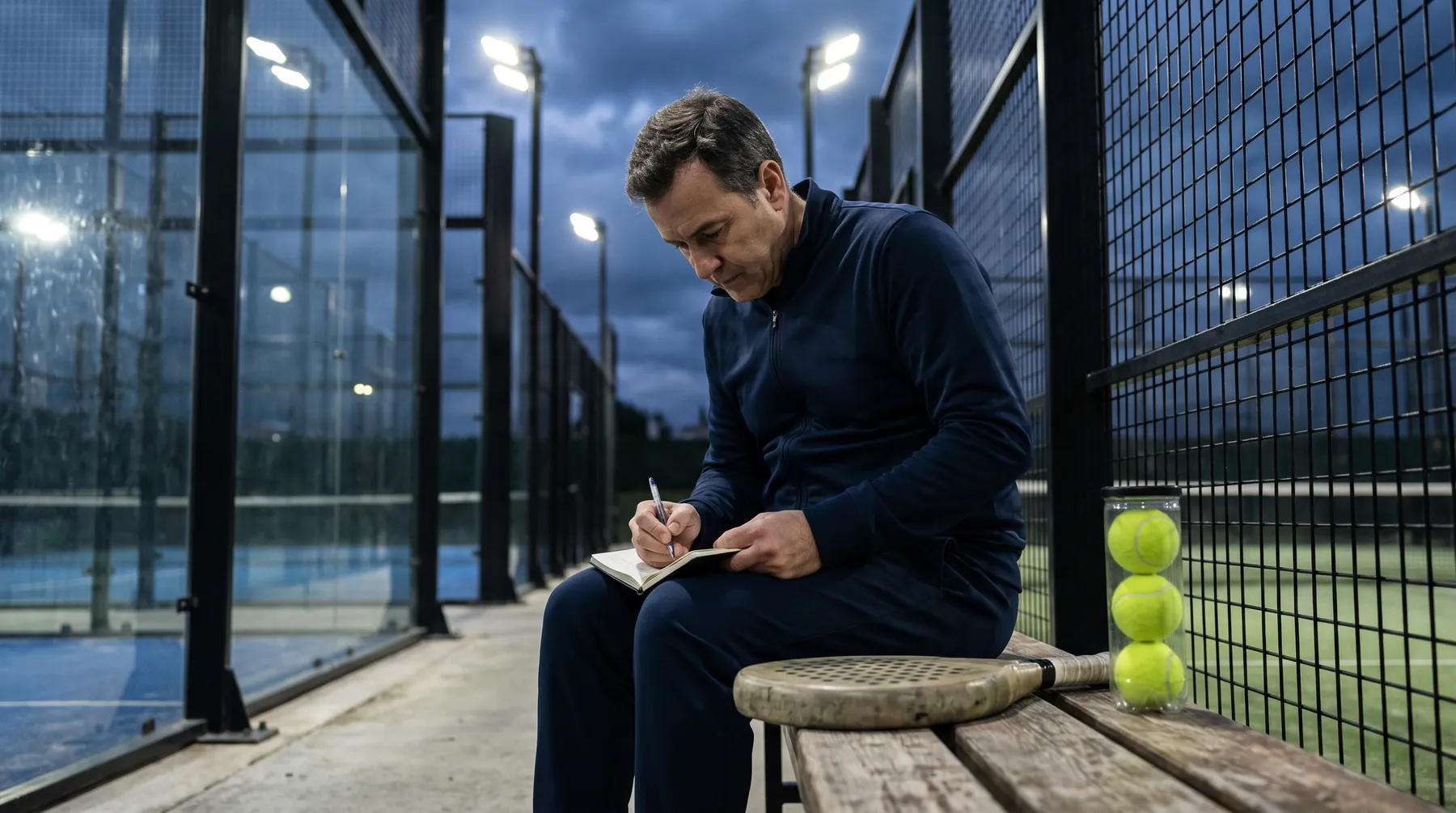 A padel player on a courtside bench under floodlights writing notes in a notebook