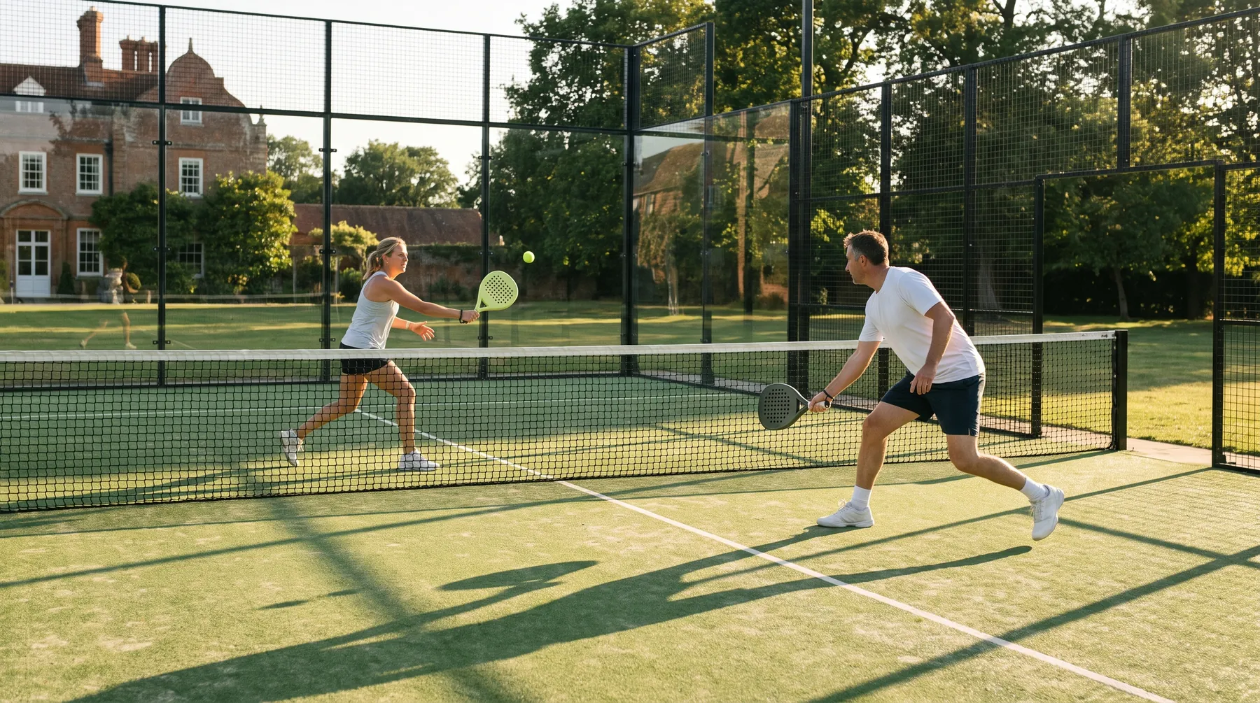 A padel court at the bottom of a long English country garden with two players mid-rally