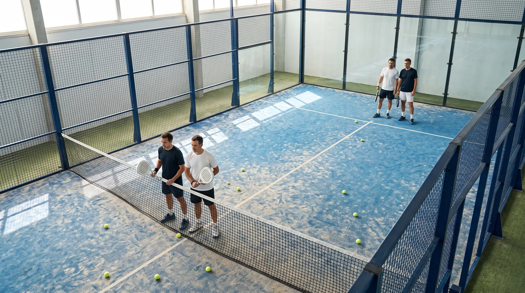 High angle view across an indoor court: one pair side by side at the net, the other pair side by side near the back glass, clear spacing between them, bright even lighting, blue turf